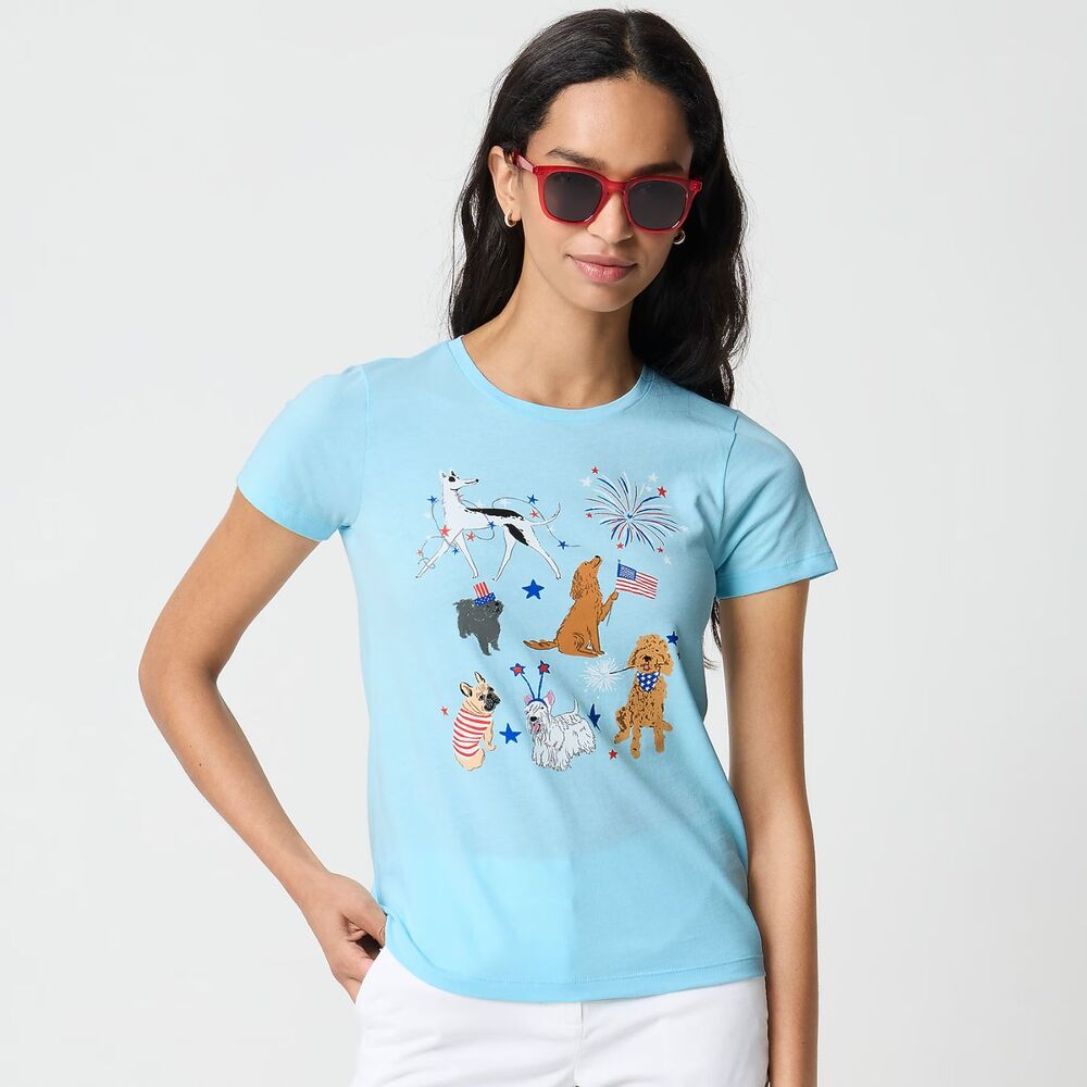 NWT J. CREW Factory Collector Tee AMERICANA GRID OF DOGS Women's L Cotton
